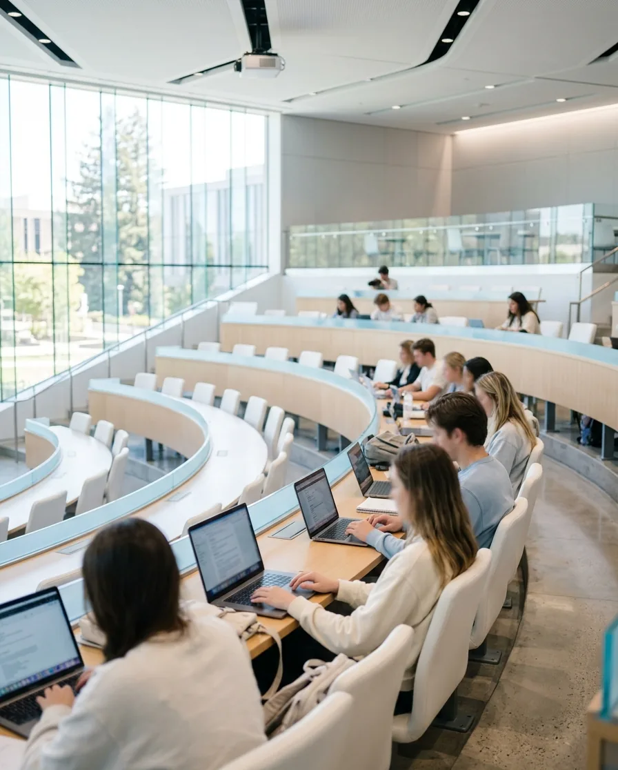 Students learning in a bright modern classroom