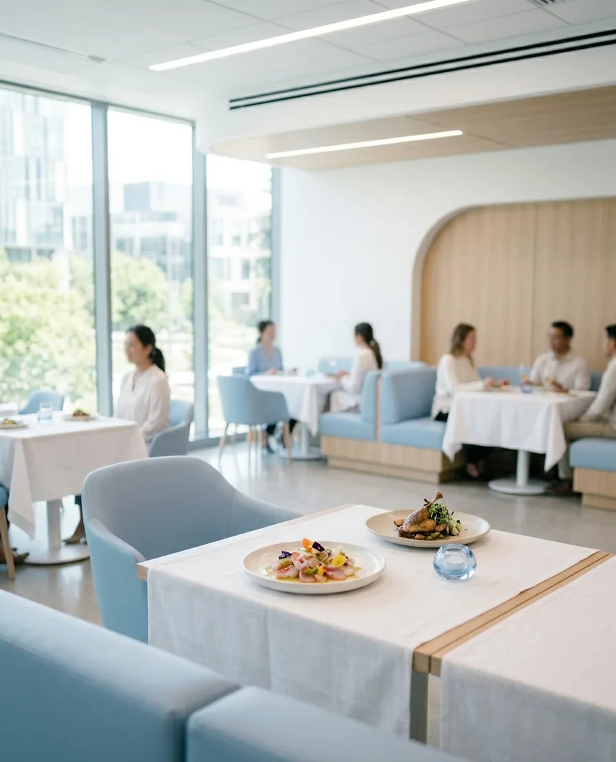 A warm restaurant and café interior with set tables